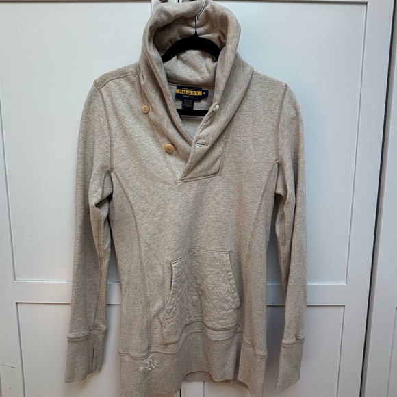 Rugby Ralph Lauren Other - Vtg Ralph Lauren Rugby Beige Hoodie Kangaroo Pockets Elbow Patches size M